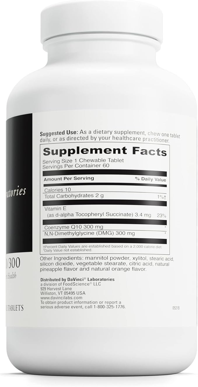 DAVINCI Labs CoQ10 - DMG 300/300 - Supports Heart Health and Energy Function* - Dietary Supplement with Coenzyme Q10 & Vitamin E - Vegetarian - Gluten-Free - 60 Orange Flavored Chewable Tablets