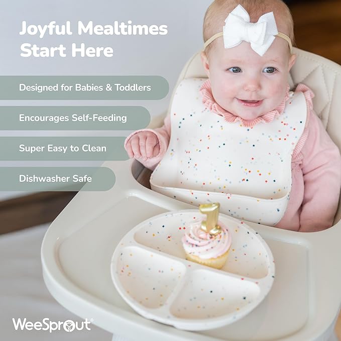 WeeSprout Baby Led Weaning Bundle, Silicone Suction Bowl, Spoons, Bib & Cup, Develops Self Feeding Skills, Dishwasher Safe (Mint)