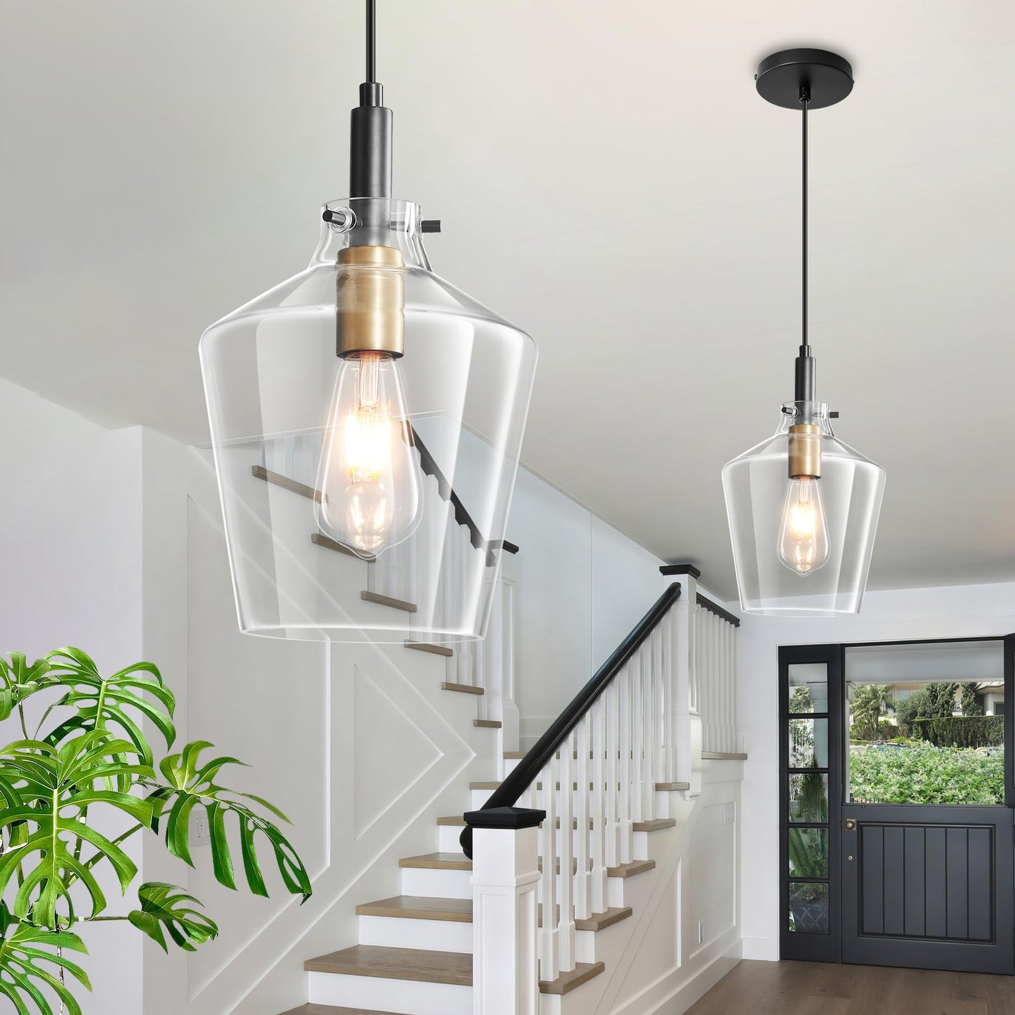 Vaziden Modern Glass Pendant Lighting For Kitchen Island 2 Pack  Farmhouse Black And Gold Pendant Light Fixtures  Adjustable Hanging Ceiling Light  Angled Clear Glass Shades 8 Inch