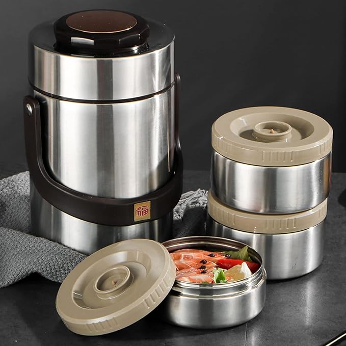 Yosoo for Hot food Wide Mouth Lunch Box, 2000ml 3-Layer Stackable Insulated Food Container Reusable Leak Proof Soup Food Jar for Warm/Cool Food Daily Office Travel Picnic Outdoor Meals(Silver)