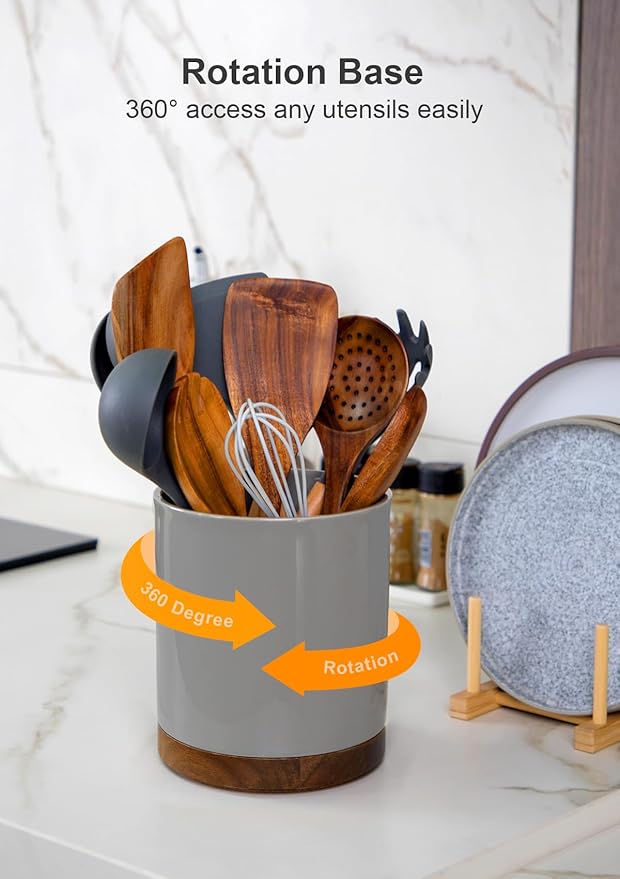Nucookery 360° Rotating Utensil Holder, 7.2" Large Utensil Crock, White Ceramic Cooking Utensil Organizer with Countertop-Protection Cork Bottom for Farmhouse Kitchen Decor Gift (Gray)