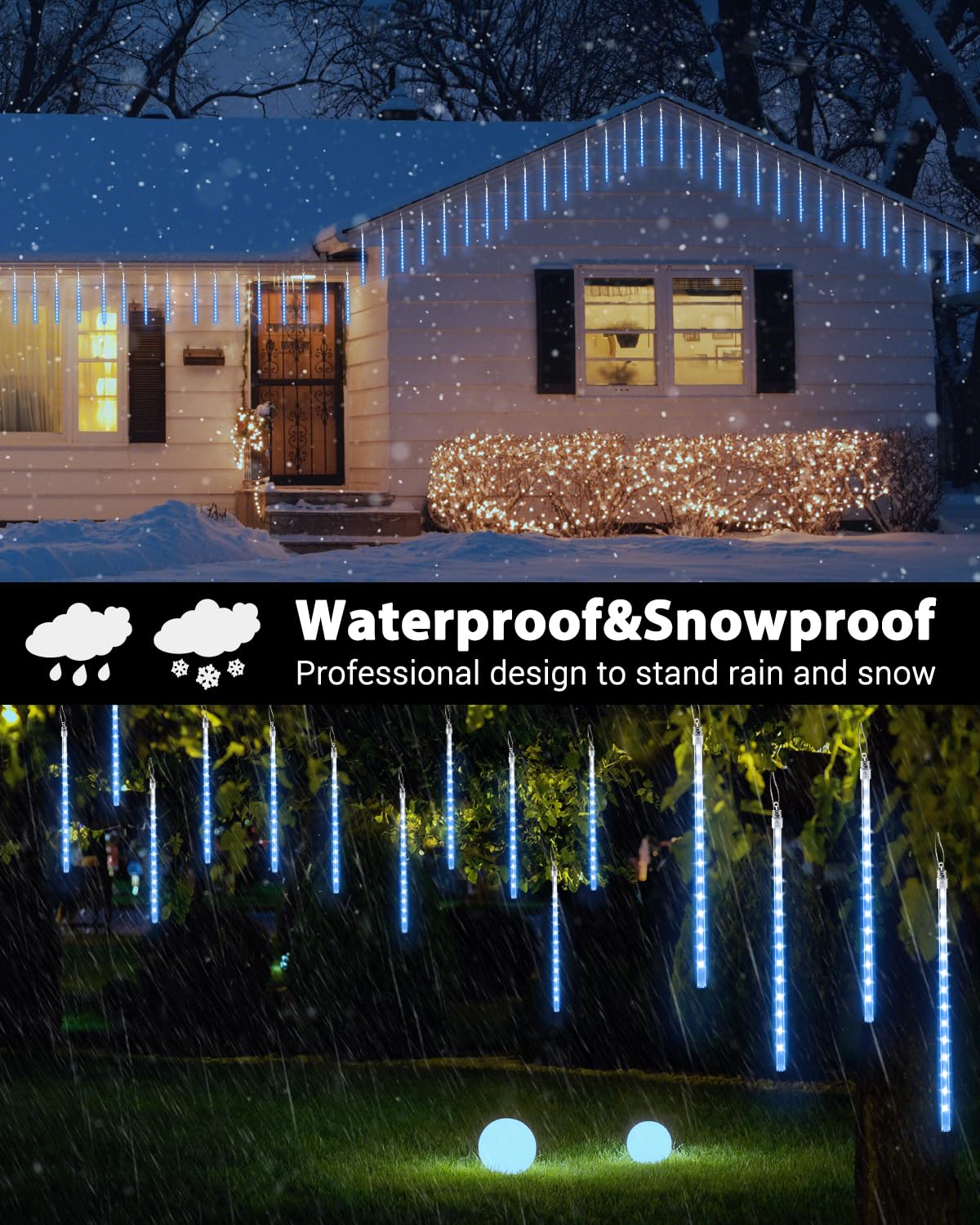 Flacchi Solar Icicle Lights - 20 Tubes 480 LED Cascading Raindrop, Waterproof Christmas Decorations, Blue, Model YZ69SS002