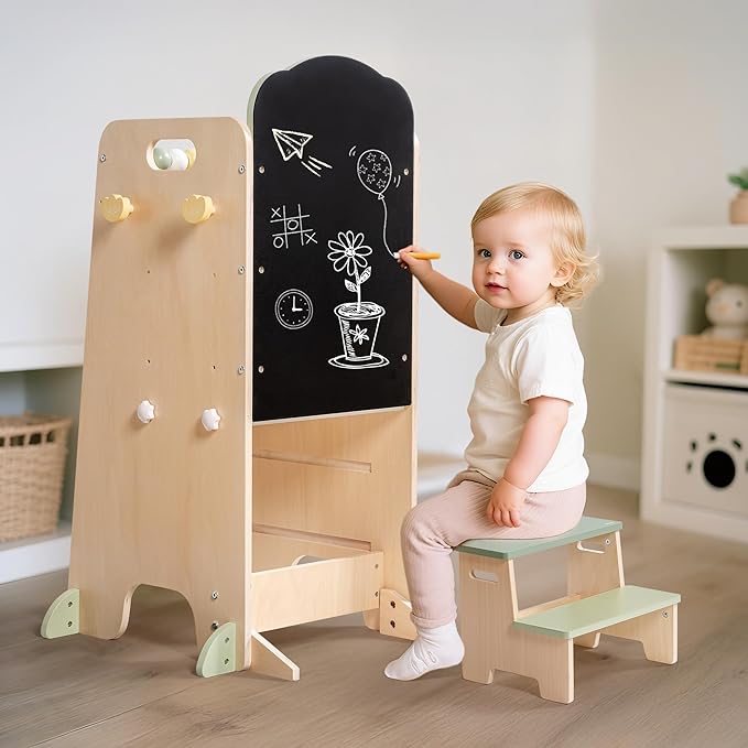 ROBUD Toddler Tower Adjustable Kitchen Stool Helper with Chalkboard, Hooks and Anti-Tip Design, Movable Kids Step Stool with Cute Safety Rail, Montessori Activity, Morandi Green