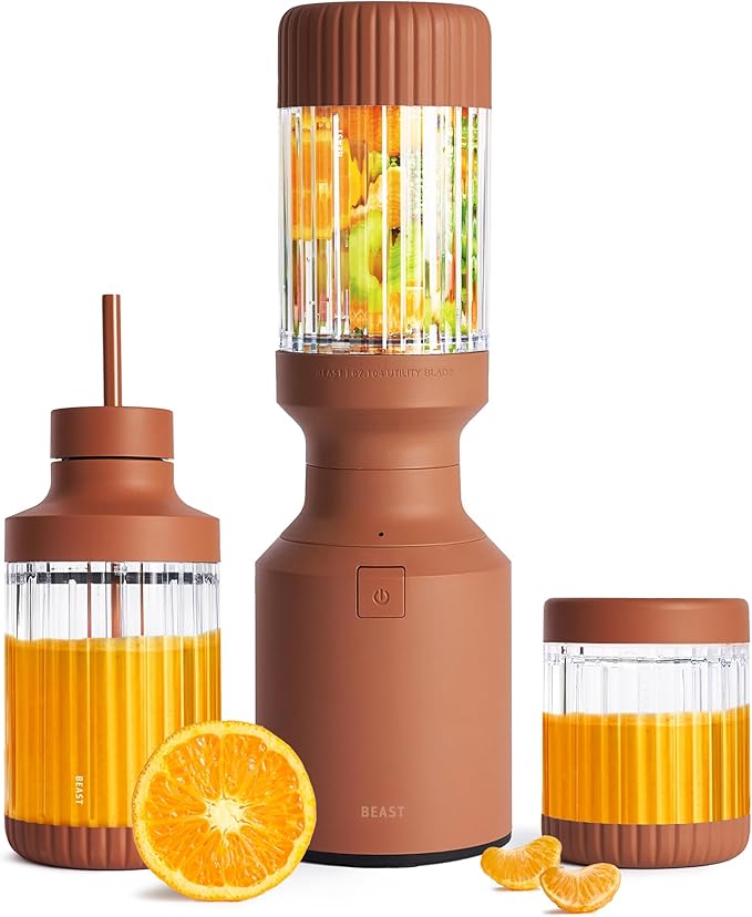 The Beast Mini Blender Plus | Mini Countertop Kitchen Blender | Blend Smoothies and Shakes, Dressings, Sauces, Dips | Extra Vessels, Straw Cap and Straws Included | 600W (Terra)
