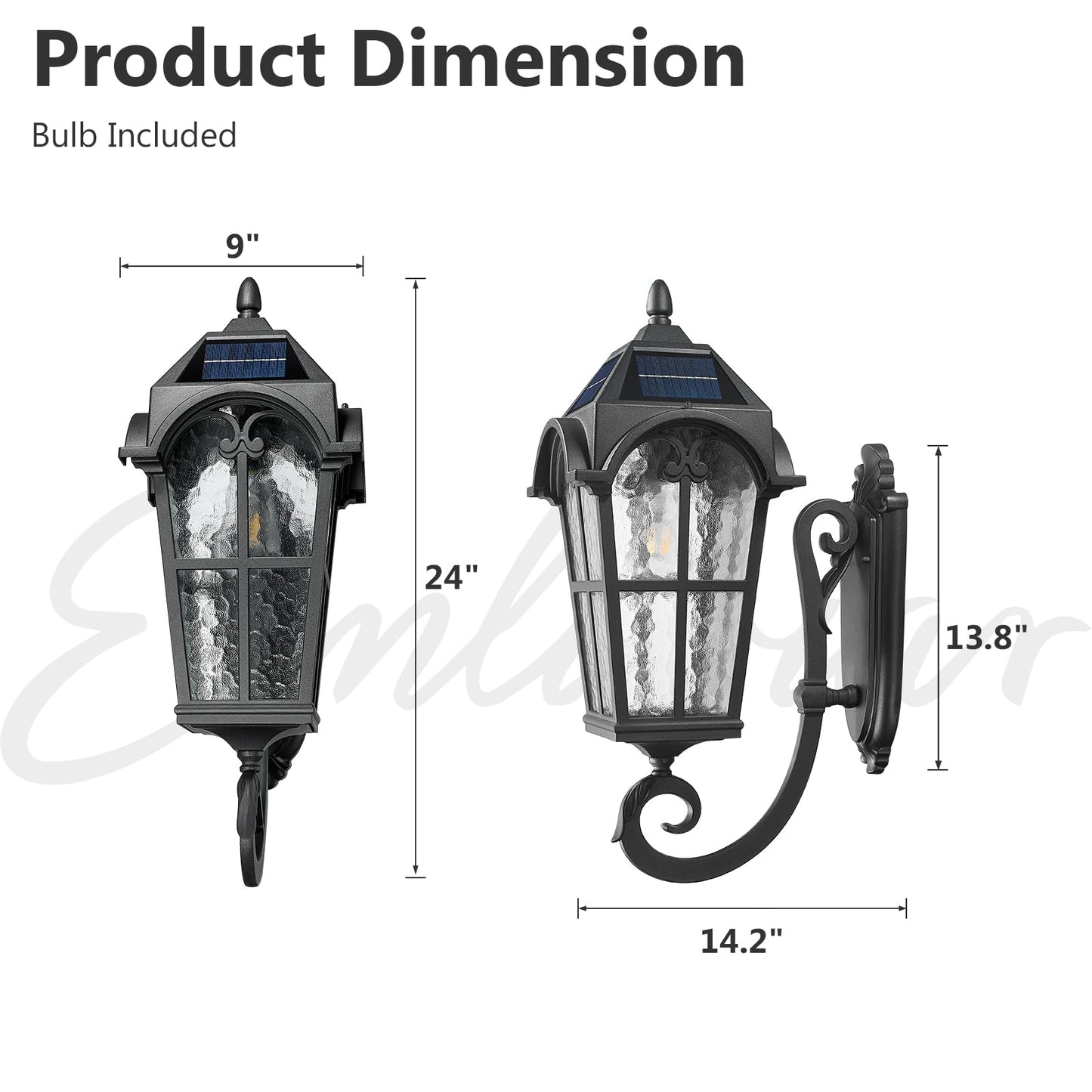 Emliviar Exterior Led Solar Wall Sconce With Remote Control  24 Front Door Wall Lantern With Water Glass Shade  Waterproof Solar Black Wall Light With E26 Bulb  Yxe302Mb-Sl Bk
