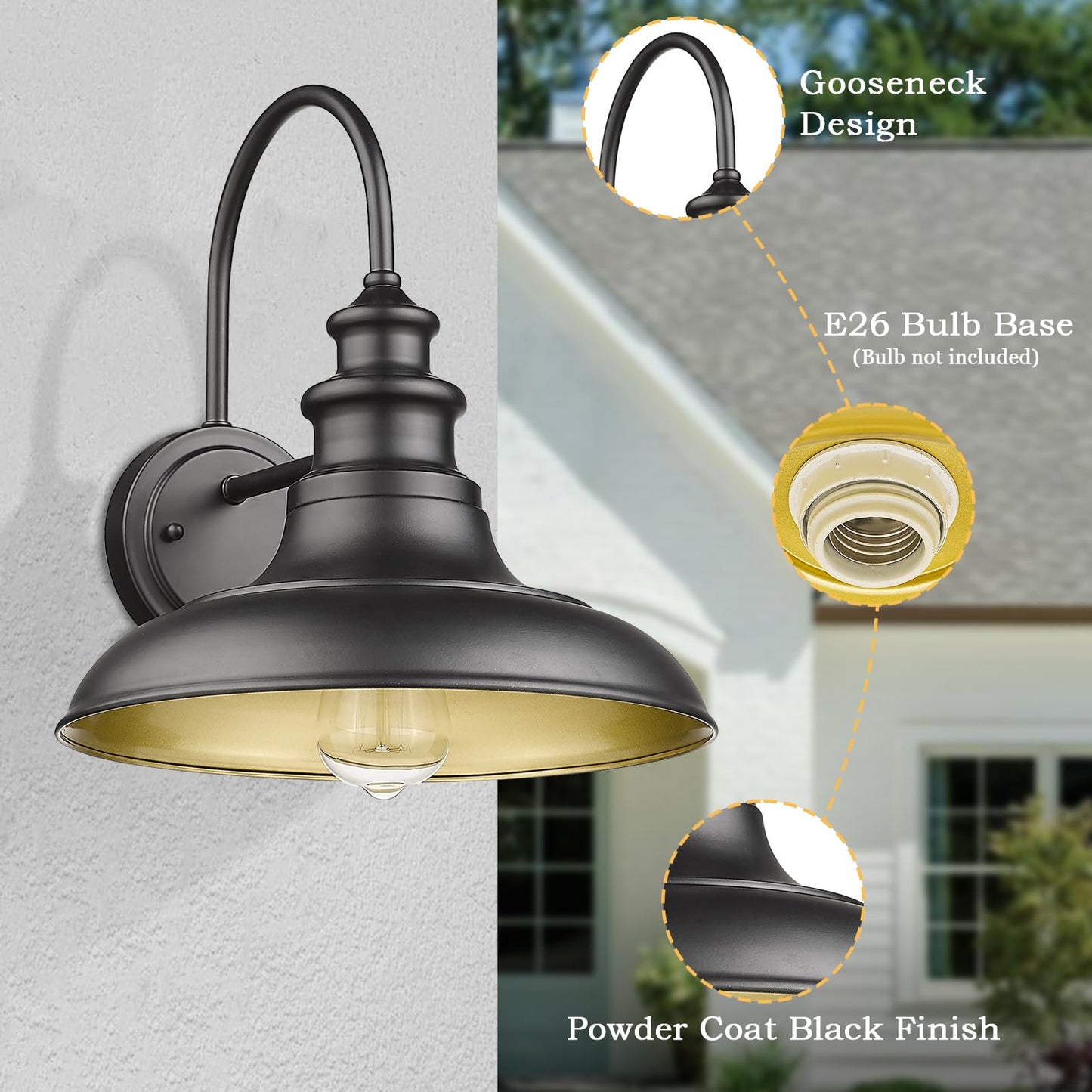 Diyel Gooseneck Outdoor Barn Light Fixture Black Iron Wall Sconce, Model RZ004BK-1, 11-RZ004-1PACK