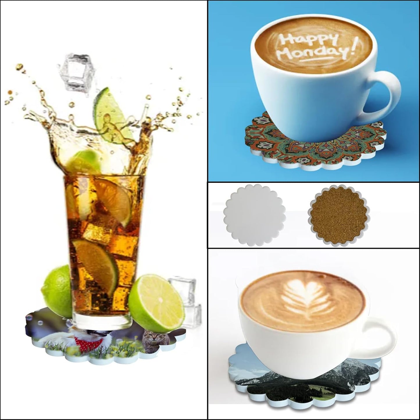 Sublimation Ceramic Coasters Blanks Bulk Round Flower Wavy Edges Drinks Coffee Cup Table Coaster, Absorbent Heat Transfer Ceramic Coaster Set for Home Decor with Cork Backing Pads (Wavy Edges 8 PCS)