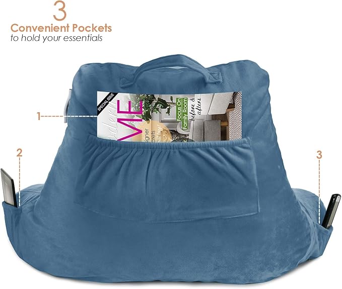 Nestl Reading Pillow Standard Bed Pillow, Back Pillow for Sitting in Bed Shredded Memory Foam Chair Pillow Reading & Bed Rest Pillows Blue Heaven Back Pillow for Bed, Bed Chair Arm Pillow with Pockets
