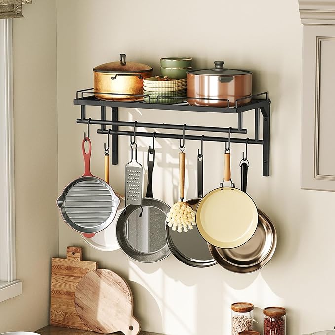 Hanging Pot Rack, Wall-Mounted Pot Rack, Kitchen Cookware Organizer, Metal Pot and pan Organizer Holder, for Cookware, Utensils Organization, Black TPR37BB