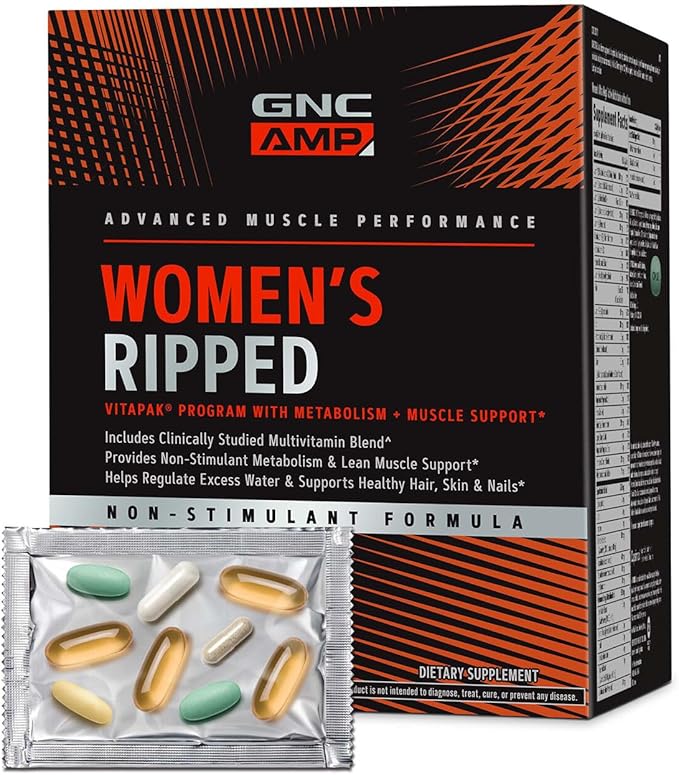 GNC AMP Women’s Ripped Non-Stim Vitapak Program, 5 Products in 1 Vitamin Pack, Metabolism & Lean Muscle, Water Shedding, Proven Ingredients, CLA, Biotin, Multivitamin, Caffeine Free, 30-Day Supply