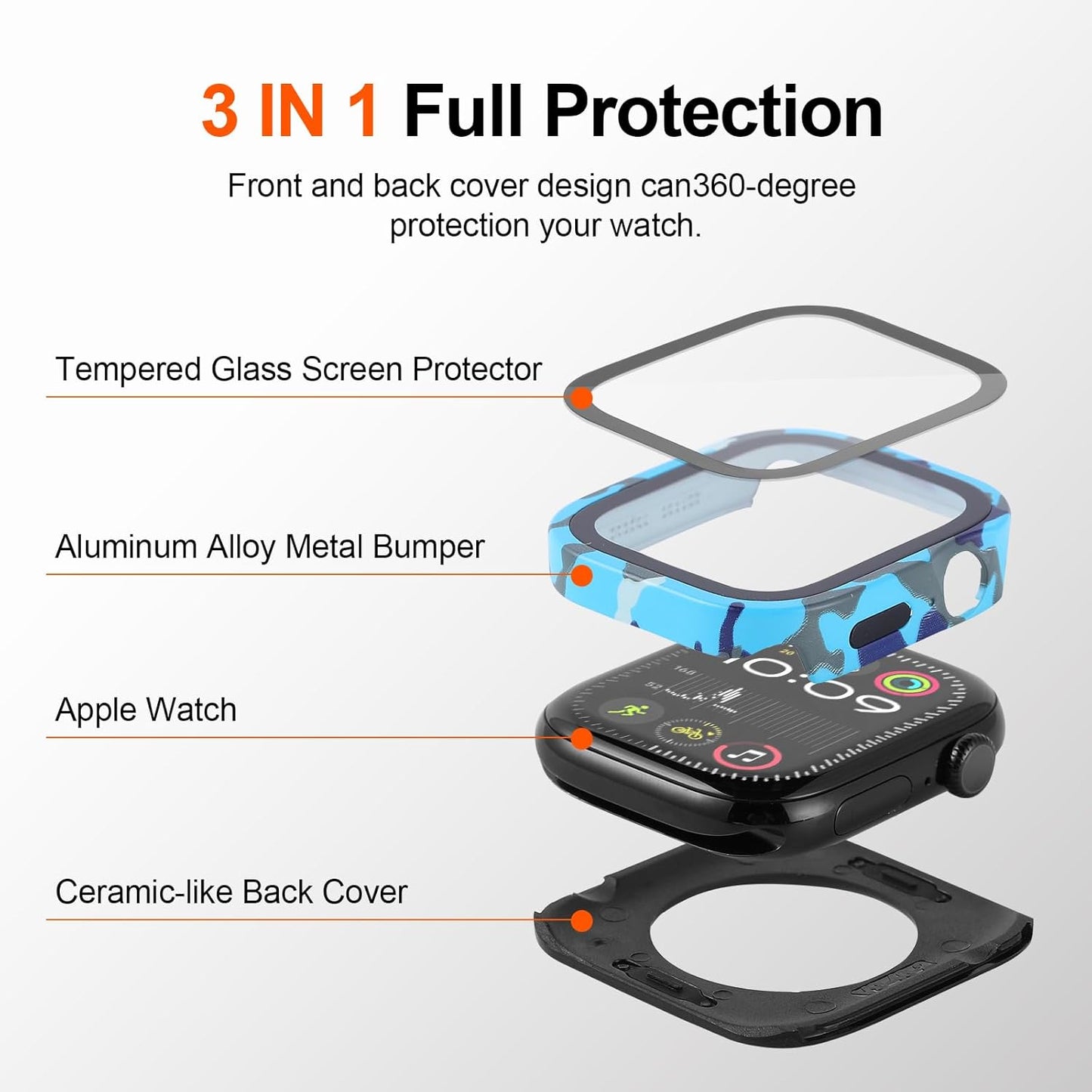 3 in 1 Metal Case Compatible with Apple Watch Series 9 8 7 45mm with Tempered Glass Screen Protector and Ceramic Like Back Cover, Straight Edge Ultra Thin Protective Cover for iWatch 45mm