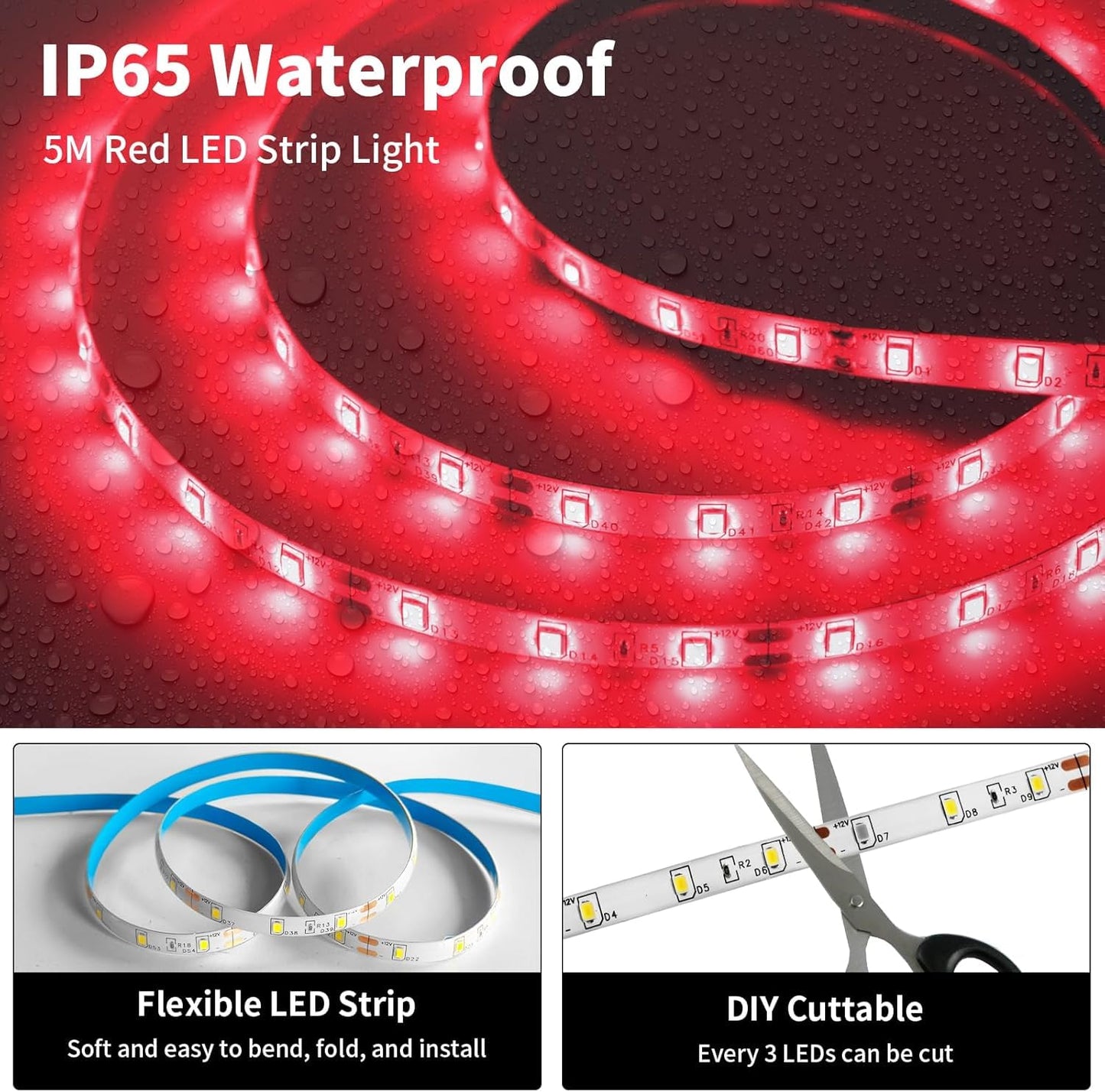 iNextStation Red LED Strip Light 16.4ft 300 LEDs 12V Flexible Tape Light with Plug for Bedroom Kitchen Cabinet TV