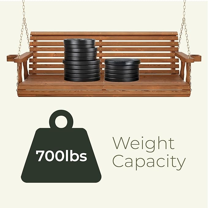 Amish Casual 6 Foot Roll Back Porch Swing with Cup Holders in Dark Walnut Stain - Amish Made in The USA from Treated Pine Heavy Duty 700 Lb. Weight Capacity