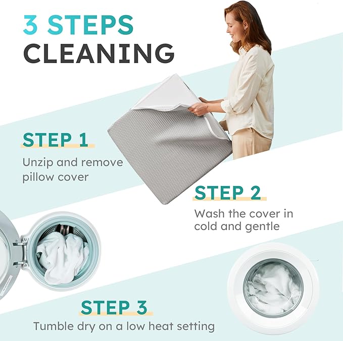 Wedge Pillow for Sleeping, 12 inch Elevated Support Bed Wedge Pillow, Breathable Triangle Pillow Wedge with Cooling Memory Foam Top - Removable Washable Cover, Grey