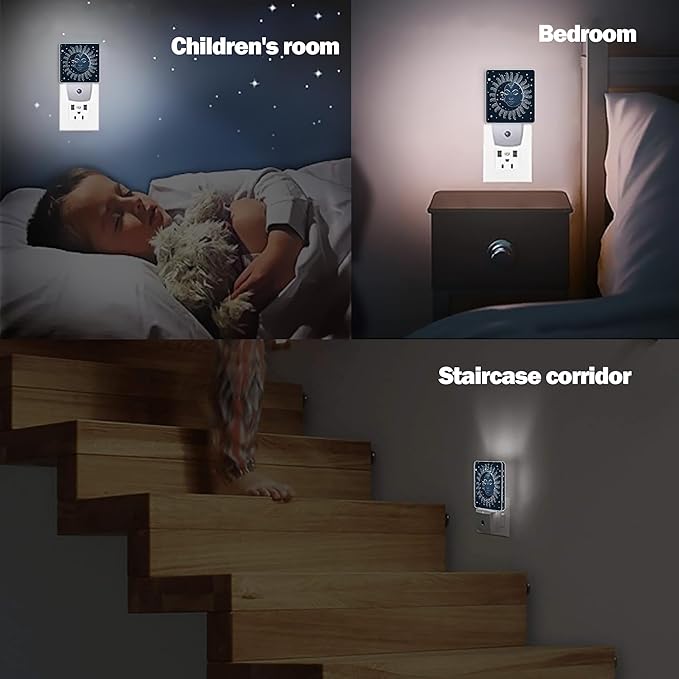 Vintage Sun Moon Night Light, Dusk to Dawn Smart Sensor Nightlight for Bedroom Bathroom Kitchen Hallway Stairs Hallway, Plug-in, Energy Efficient Decor Desk Lamp Gifts
