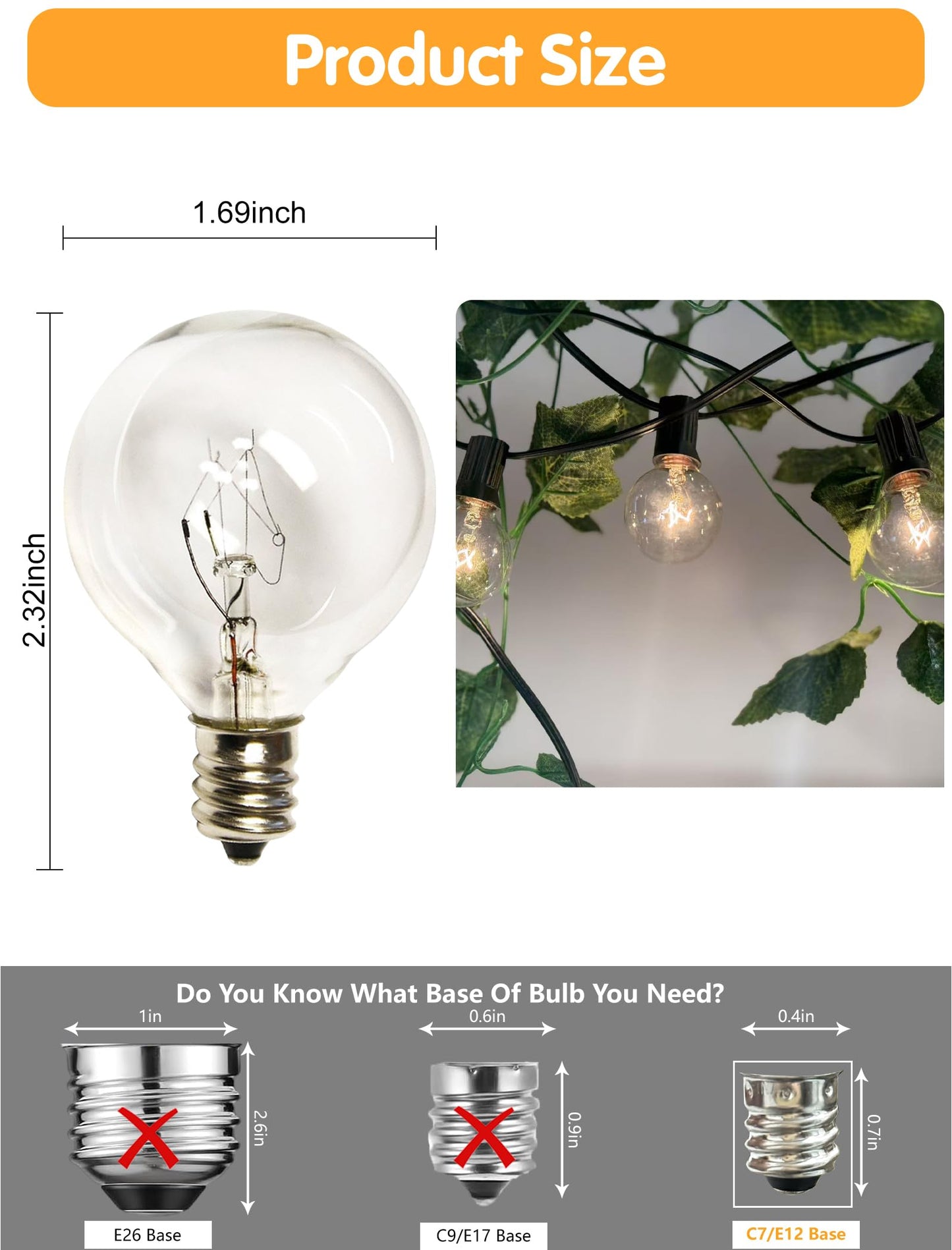 Romasaty G40 Replacement Bulbs, Clear Glass, 5W, E12 Base, 1.5-Inch, 25 Pack