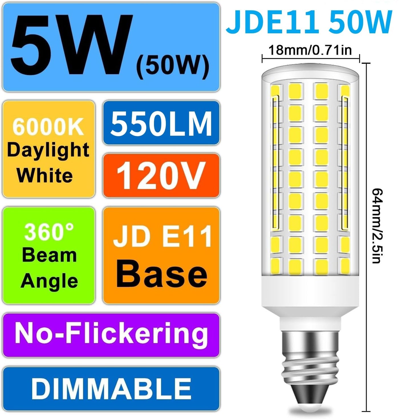 Megereet Jde11 120V 50W Halogen Candelabra Bulb Equivalent E11 Led Bulbs Dimmable 5W 550Lm No-Flicker T3 T4 Mini Base 6000K Daylight White E11 Bulb For Ceiling Fan  Cabinet Lighting 4Pcs