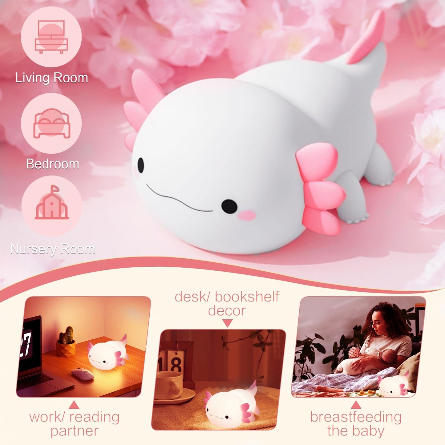 Yr Yrhh-Pet Axolotl Night Light For Kids  Cute Squishy Rechargeable Axolotls Lamp  Unique White Pink Xmas Axolotl Gifts  Dimmable Led Silicone Nightlight  Baby Safe  Girls Room College Dorm D?Cor