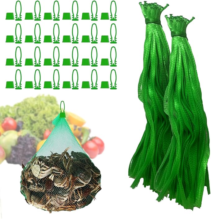 Limso 100 PCS Seafood Boiling Bags, 24 Inch Seafood Bag Onion Bag Mesh Nylon Netting, Reusable Mesh Produce Bags, With 100 Pcs Loop-Style Closures (Green)