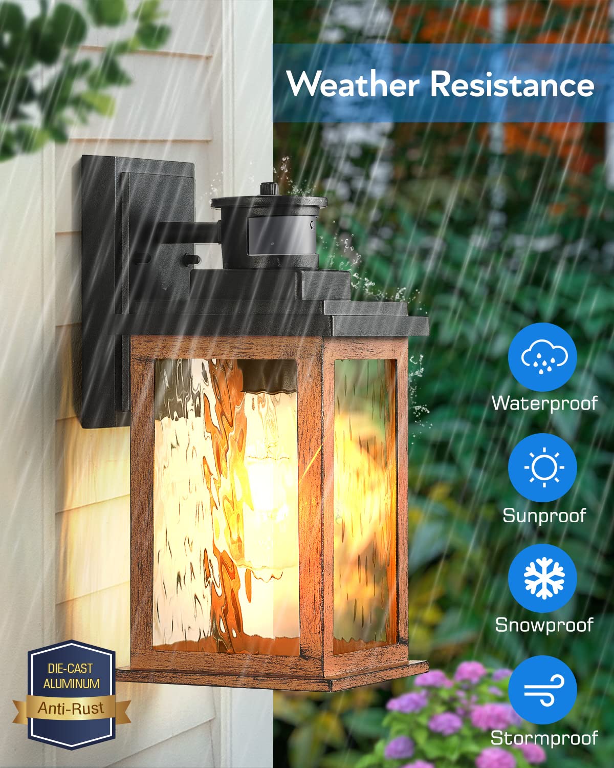 Vianis Motion Sensor Outdoor Lights, Waterproof Wall Mount Lantern, Wood Grain, Model V81011Gr, Dusk To Dawn Sconce For Entryway