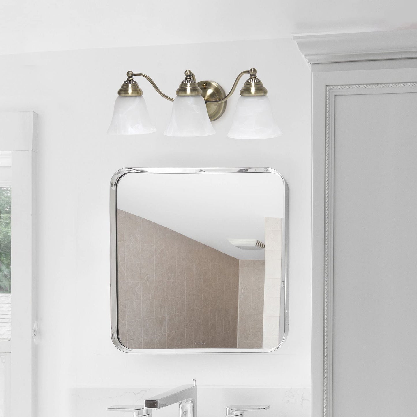 Simple Designs Vanity Fixture - 3 Light Metal with Frosted Marble Glass Shades - Antique Brass - Model VT1023-ABS - 19.25in Width