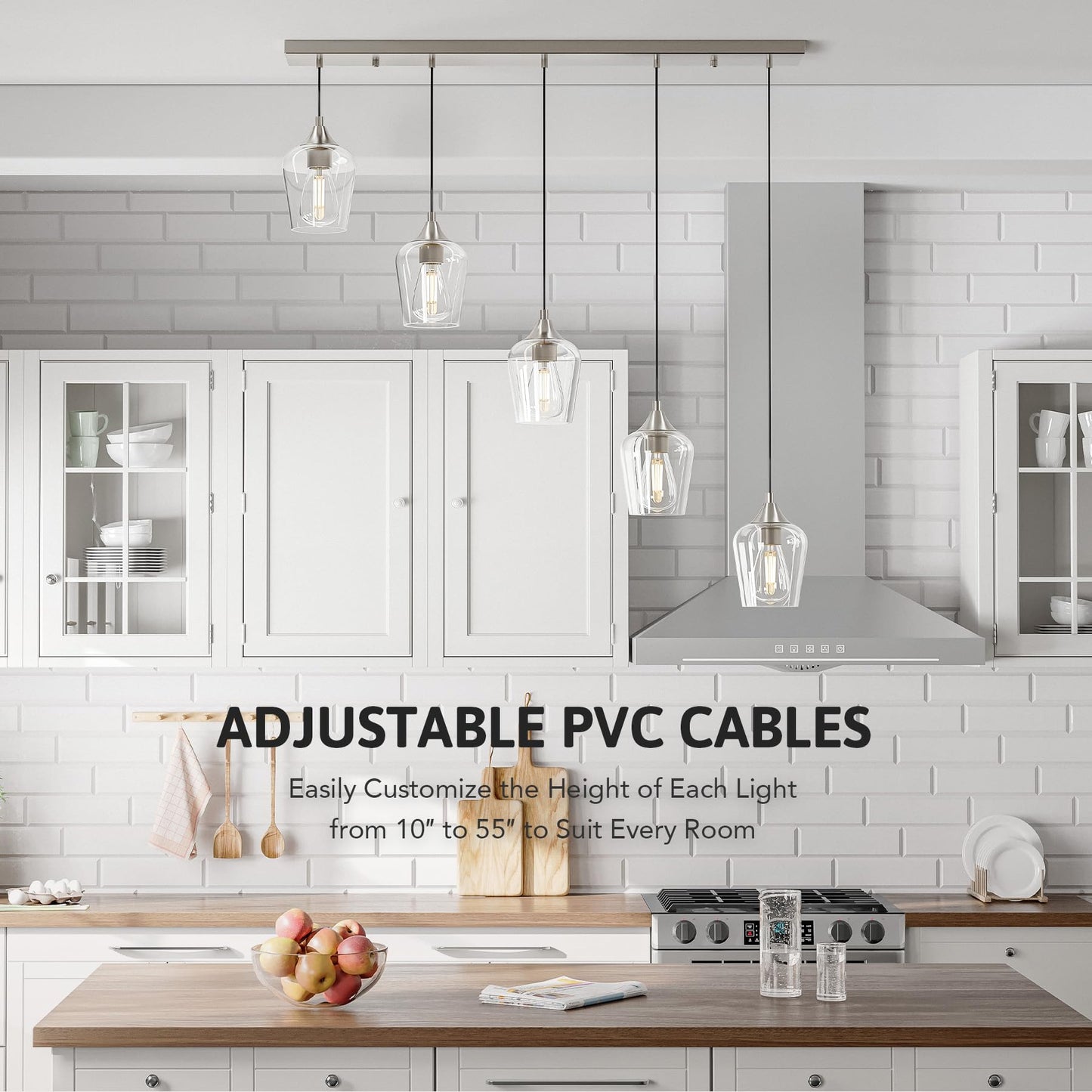 Vonluce 5-Light Pendant Light Kitchen Island  Pendant Light Fixture With 10-55 Height  Modern Pendant Lighting With Wine Glass Shades For Living Room Hallway  Brushed Nickel  Etl Certificated