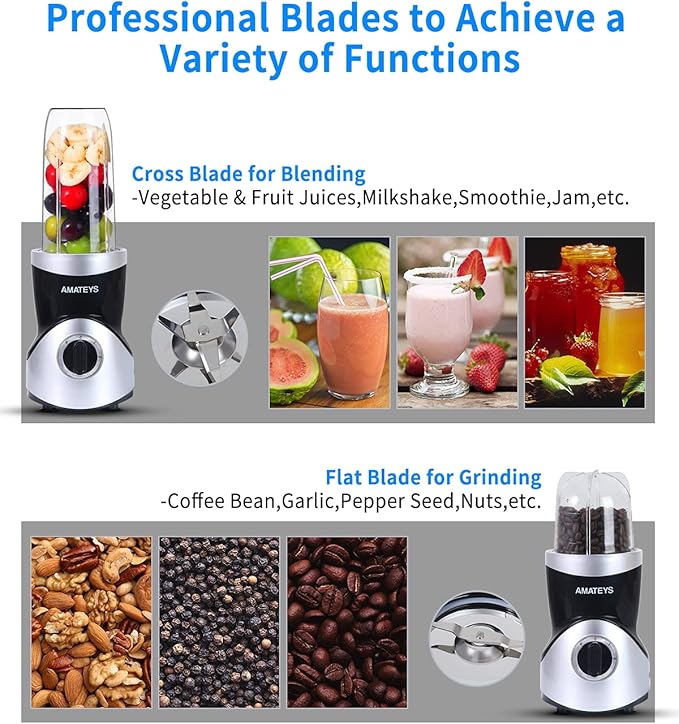 Personal Blender for Shakes and Smoothies,Professional Kitchenblender with Blending & Grinding Blades, Portable Coffee Grinder with 24/10 OZ Travel Bottles, Adjustable Speeds Juice Blender