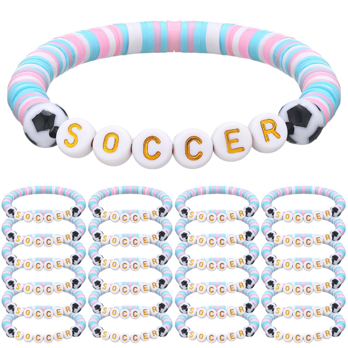 Trnayi 24 Pcs Soccer Bracelets Stackable Clay Beaded Bracelets Soccer Party Favors Beaded Ball Adjustable Clay Bracelet Jewelry