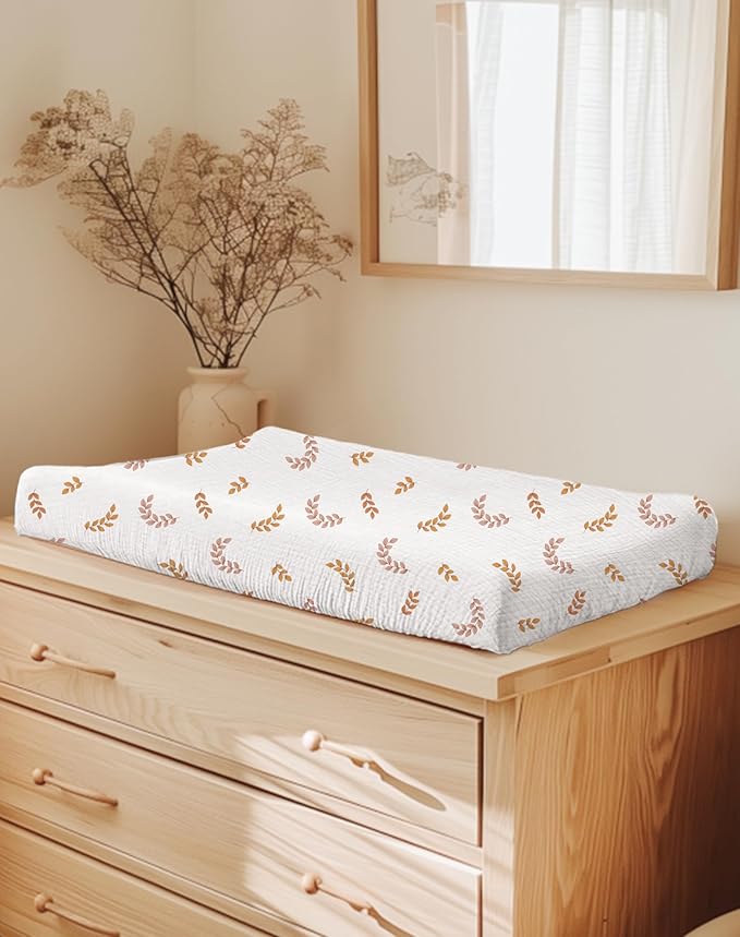 Changing Pad Cover for Baby Girls Boys, Muslin Changing Table Pad Covers with Boho Style, Neutral Color Soft and Breathable (Leaf)