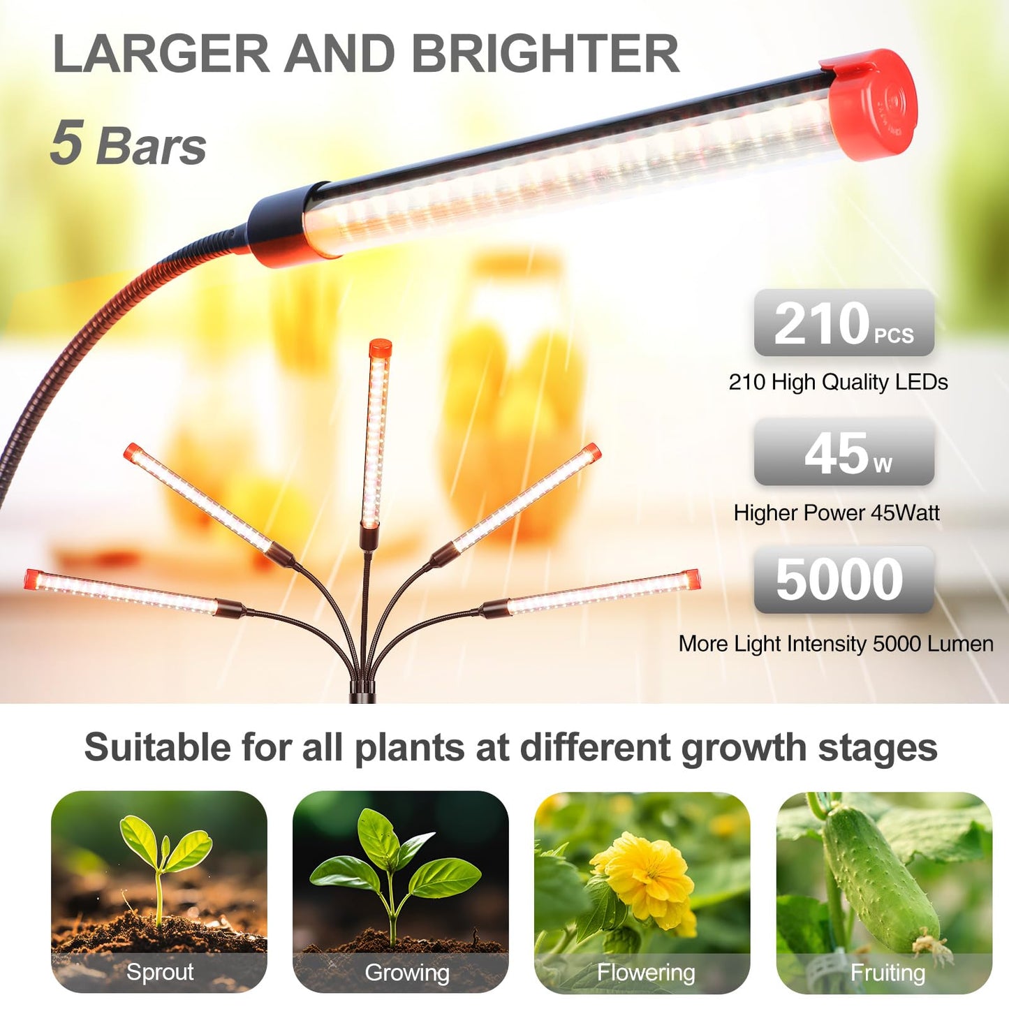 FECiDA 45W 5-Head Tripod Plant Light for Indoor Plants, Full Spectrum, Timer, Black, Model ZH_GL_RH