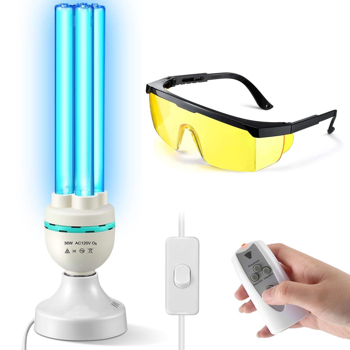 Qualirey 36 Watts Uvc Ozone Light With Remote Control And Uv Glasses  Uv Lamp With E26 Base  3 Gear Timer 15/30/60 Minutes  Uvc Light Bulb For Basement  Bedroom  Kitchen  Storehouse  Car