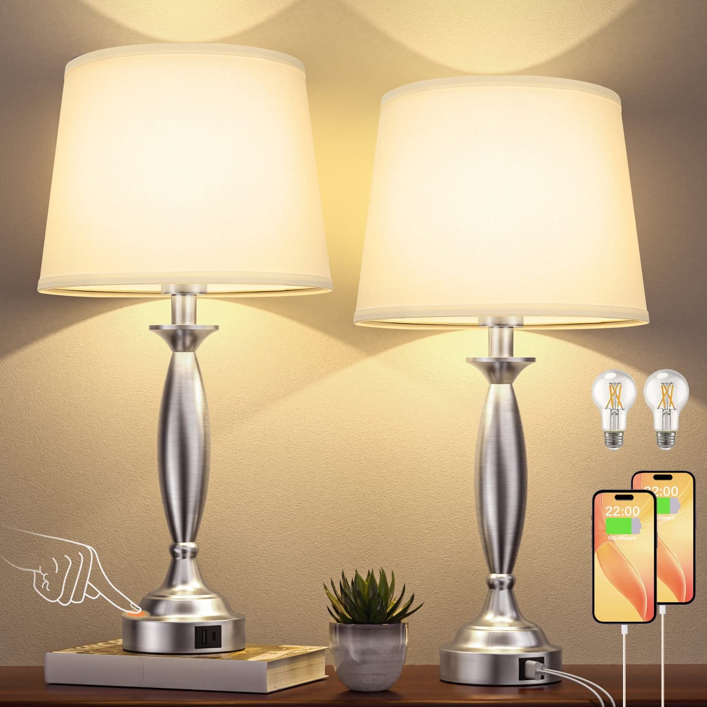 Seealle Touch Control Bedside Lamps Set of 2, 3-Way Dimmable, USB Ports, 22.5in, White Shade and Nickel Base