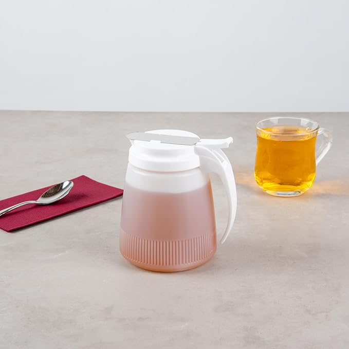 Restaurantware-Chef 101 32 Ounce All Purpose Syrup Dispensers, 10 Honey Dispensers - White Top, Stainless Steel Slide Cover, Plastic Pancake Syrup Bottle, Perfect For Diners, Restaurants, Home