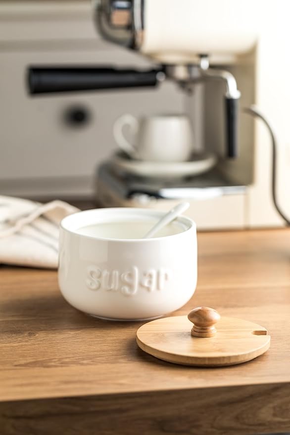 LYEOBOH Sugar Bowl with Lid and Spoon,17 OZ Sugar Jar, Ceramic Jar with Lid, Sugar Container for Coffee Bar, Sugar Bowls for Countertop, Azucarera for Farmhouse Home and Kitchen, White