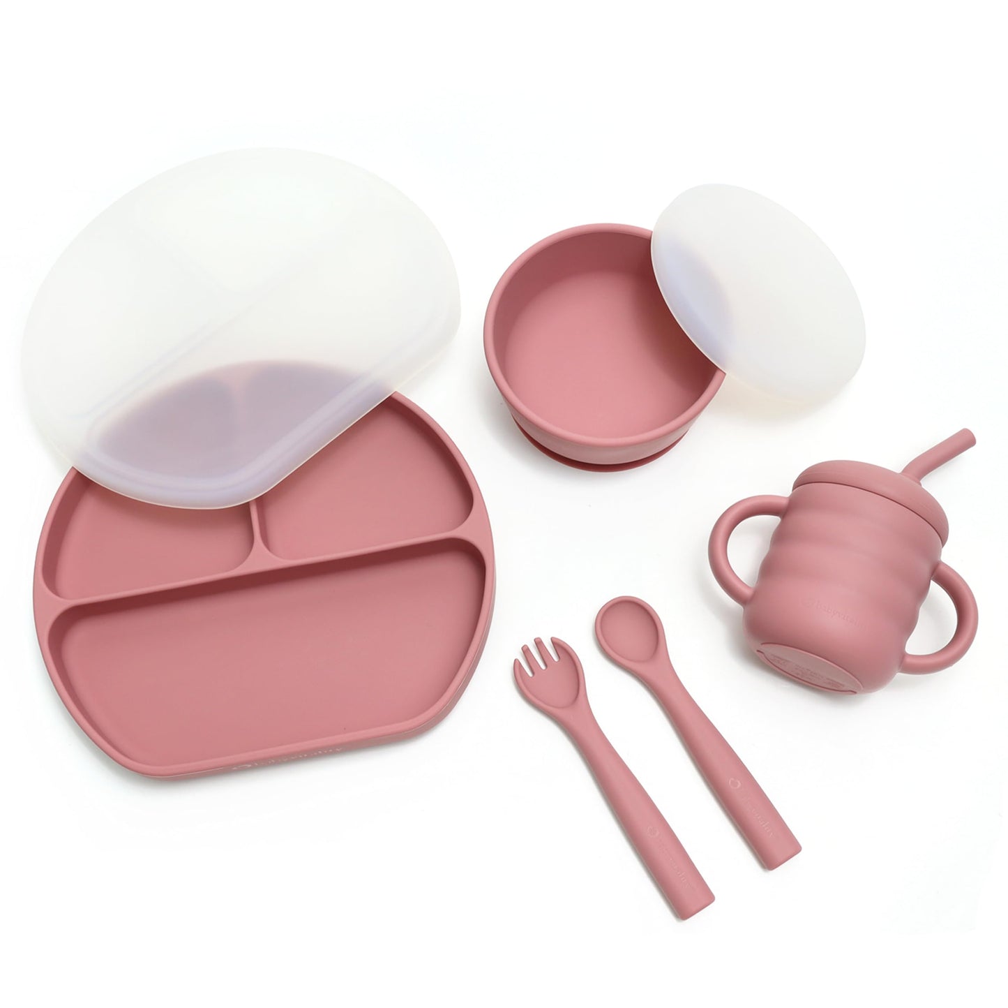 BABYVITALITY Silicone Feeding Set | Suction Plates & Bowls with Lids, Sippy Cup, Utensils | Toddler Eating Essentials - Pink