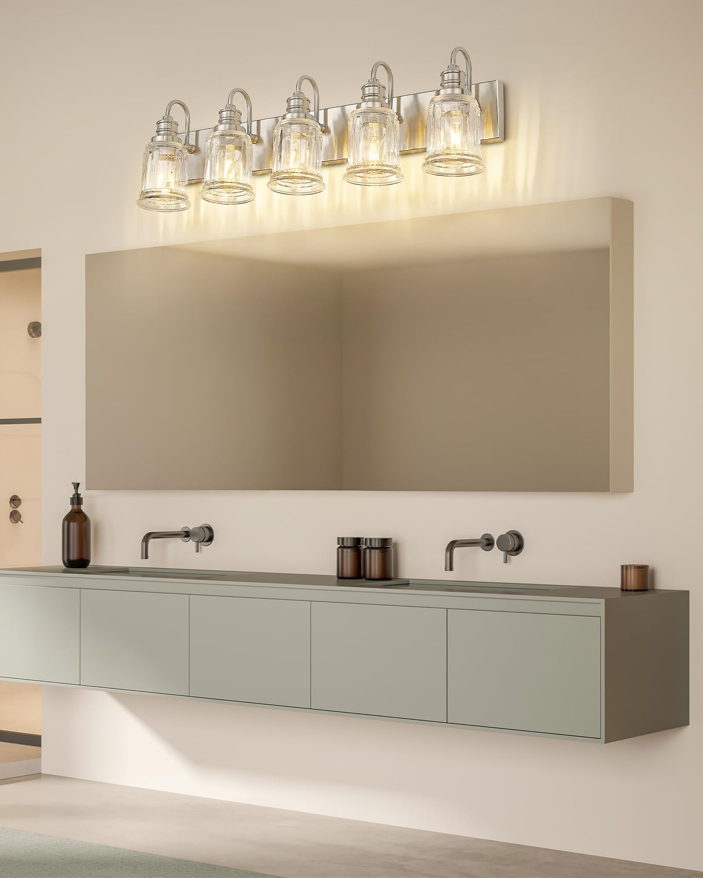 Bathroom Light Fixtures  Hwh 5-Light Vanity Light  Modern Brushed Nickel Wall Lighting Over Mirror  Bell-Shaped Striped Glass  5Hzg106B-5W Bn