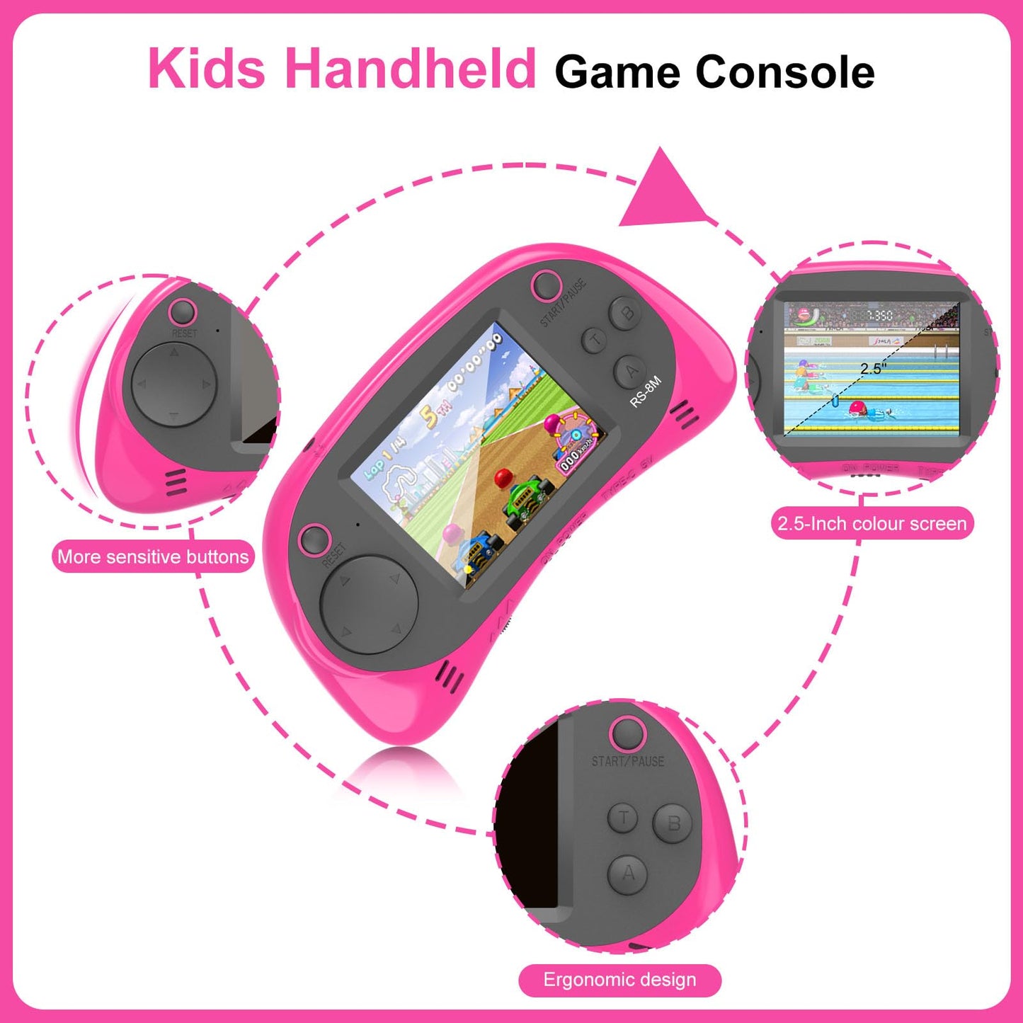 Kids Handheld Games 16 Bit Retro Video Game with 220 HD Electronic Games - 2.5'' LCD Portable Travel Games Gifts for Boys Girls Ages 4-12