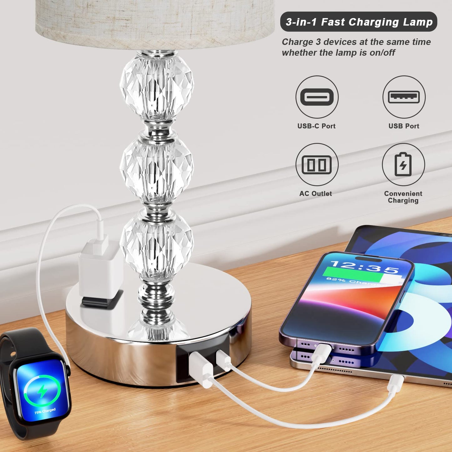 Acaxin White Crystal Table Lamp - 3-Way Dimmable With Usb C+A, 14.6In Nightstand Light For Bedroom, Living Room, Kitchen
