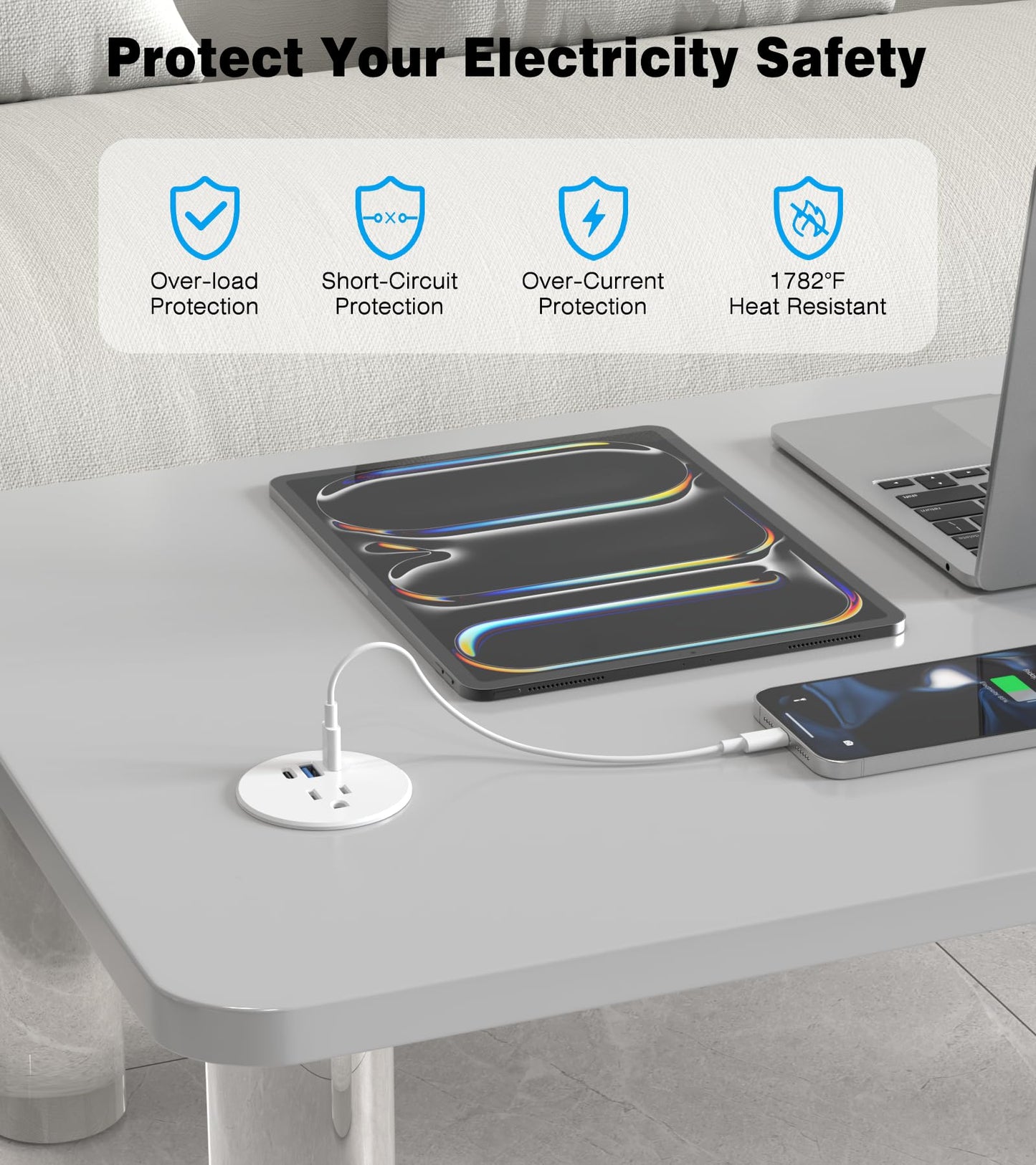 Desk Grommet Power Outlet, 2.5 Inch Desktop Recessed Outlet With 20W Fast Charging Usb-C Port, Flush Mount Outlet For Conference