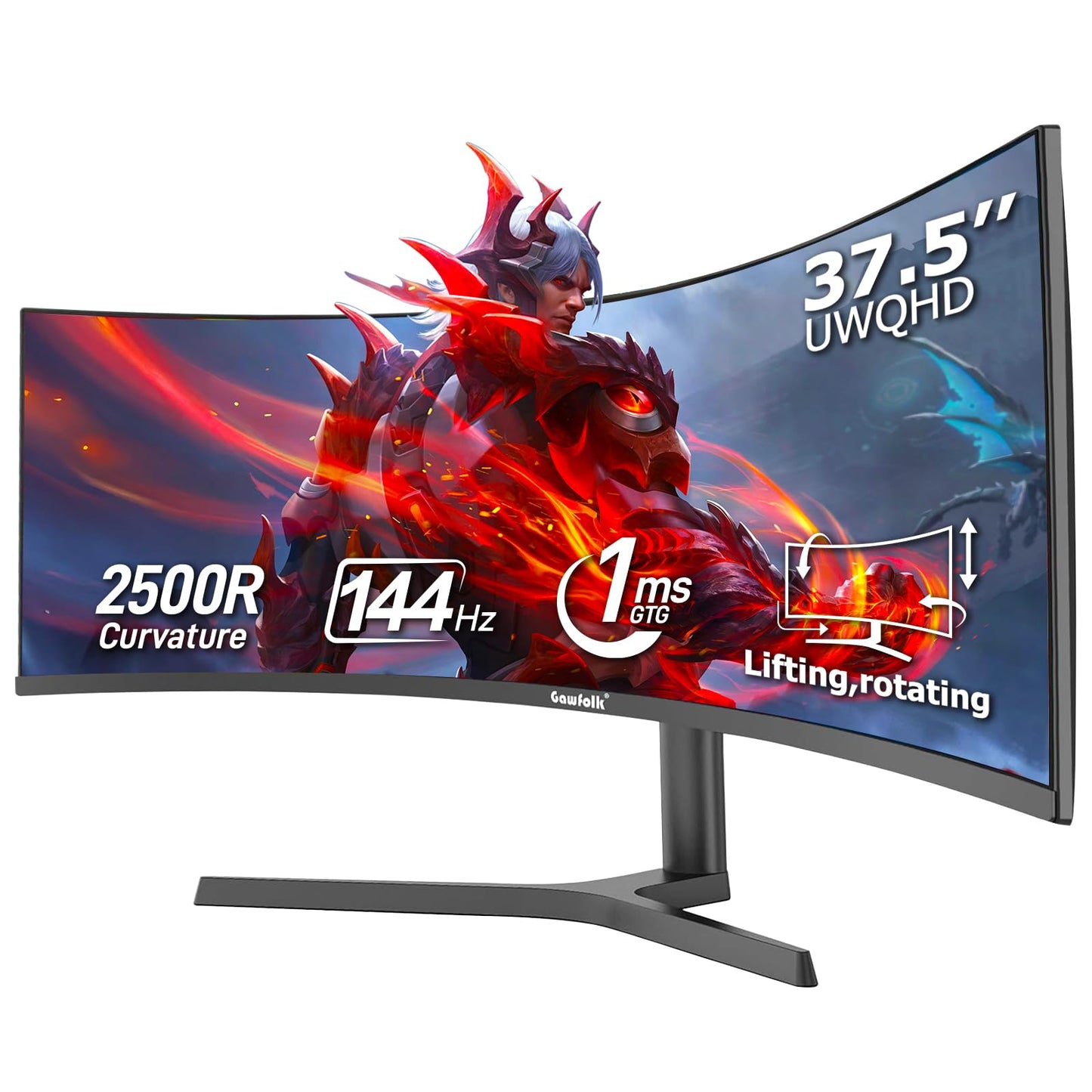 Gawfolk 37.5 Inch Gaming Monitor 3840 * 1600p 144Hz PC Monitor with AMD FreeSync, Flicker-Free, 2X HDMI 2.0, DP 1.4, Ultra-Thin Frameless Screen