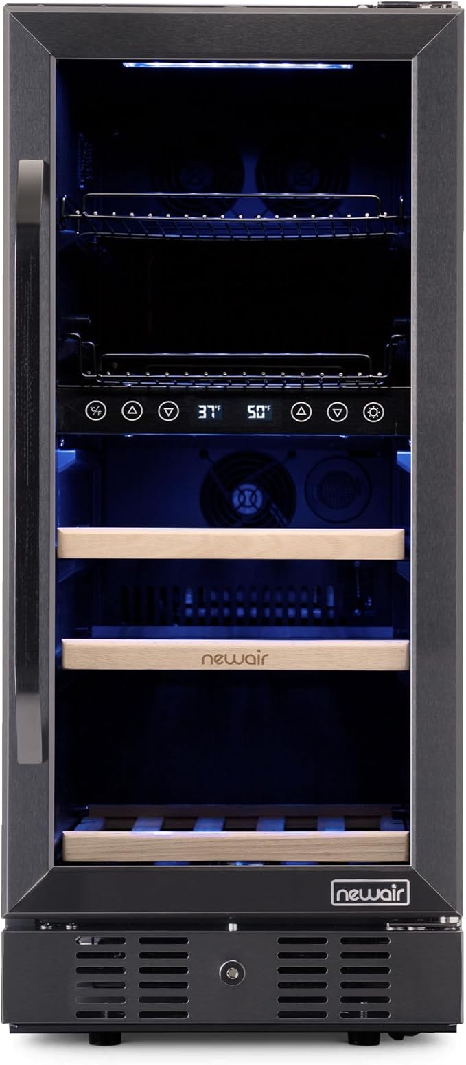 NewAir 15" Wine and Beverage Refrigerator 9 Bottle and 48 Can Capacity, Beverage Cooler in Stainless Steel, Built-in or Freestanding Dual Zone Drink Fridge with Triple-Pane Glass Door