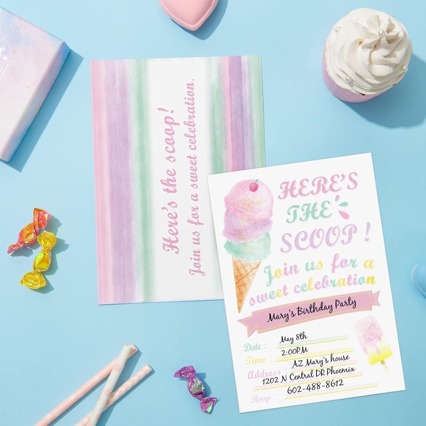 WERNNSAI Ice Cream Party Invitations with Envelopes -20 Sets Pink Ice Cream Birthday Invitations for Girls Sweet Popsicle Fill in Invite Cards for Baby Shower Wedding Party Supplies