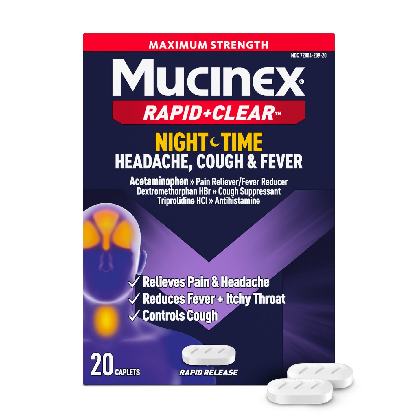 Mucinex Rapid+Clear Nighttime Cold and Flu Medicine for Adults, Maximum Strength Cold Medicine for Cough, Fever, Pain, Headache, & Runny Nose Relief, Rapid Release Caplets for Adults, 20 Count