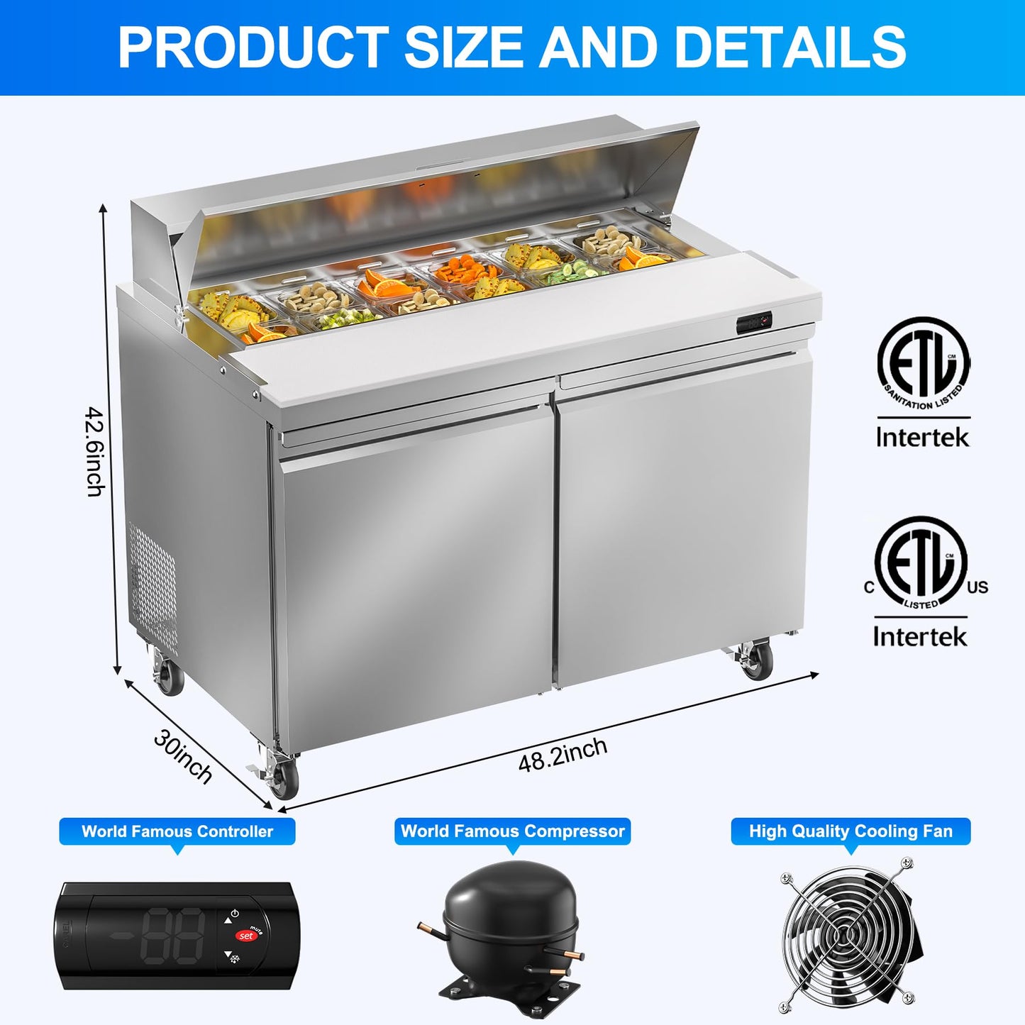 Rockitch 48" W Commercial Refrigerator Sandwich Salad Prep Table Refrigerator, 13.8 Cu.ft Stainless Steel Commercial Kitchen Refrigerated Equipment with 12 Pans for Restaurant, Bar, Shop, etc.