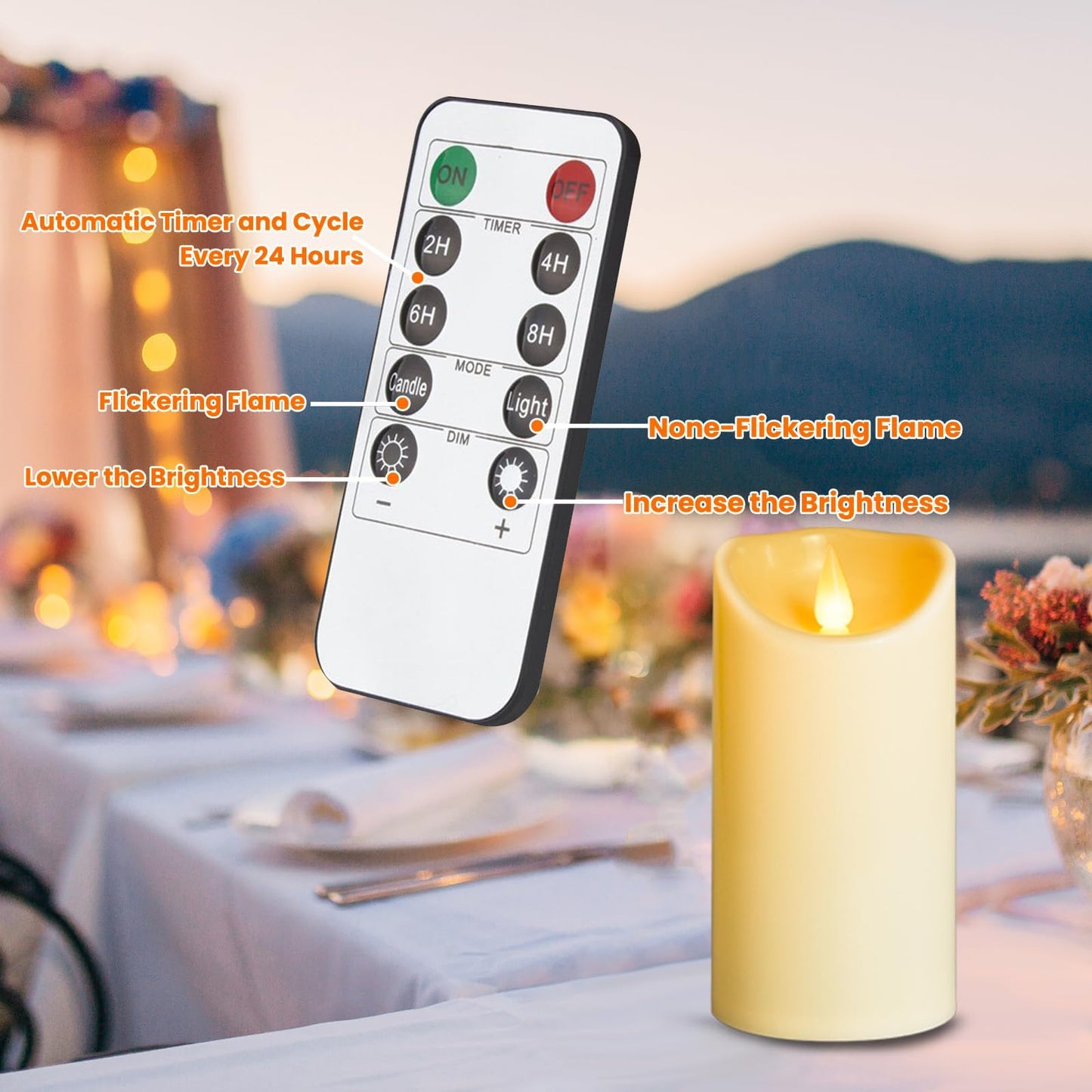 LEOSAN led Flameless Candles Outdoor Indoor Battery Operated Flickering Candles with Remote Timers, Won't Melt, Ivory Plastic D3 xH4 5" 6" for Halloween, Party, Valentine's Day, Wedding (18 pcs)