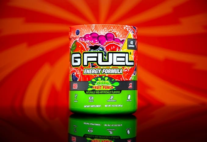 G Fuel Sour Fruit Punch Energy Drink Powder, Pre Workout Caffeine Mix for Gaming, Sugar Free Focus Amino, Vitamin + Antioxidants, 10.3oz (Sour Fruit Punch, 40 Servings)