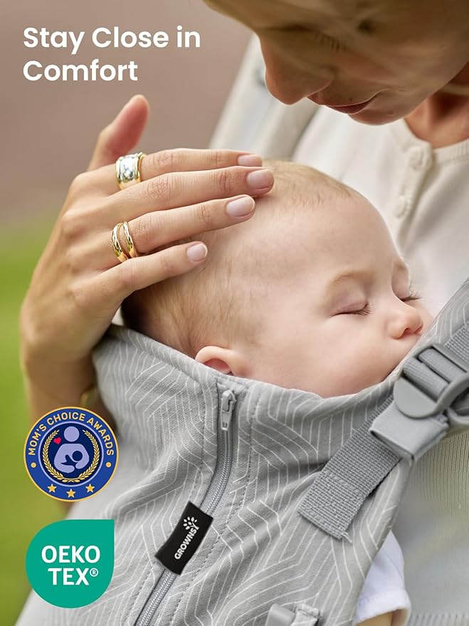 GROWNSY Baby Carrier, All Season Design with Adjustable Mesh Panel, Ergonomic Baby Carriers with Lower & Upper Buckle, Newborn to Toddler (7-44lbs), Hands-Free Parenting, Grey