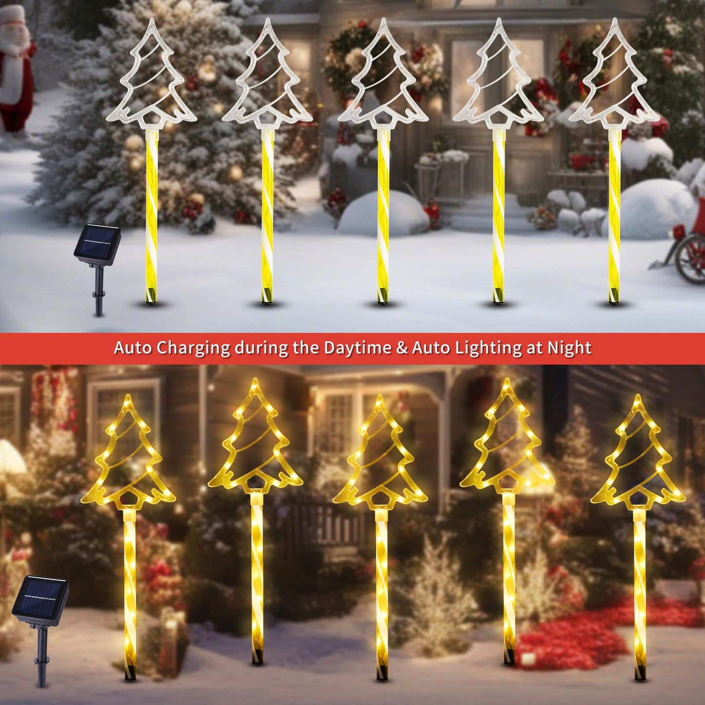 Christmas Solar Pathway Lights Outdoor Decorations  8 Modes Xmas Tree Candy Lights Waterproof Led Garden Stake Light For Walkway Yard Lawn Porch Holiday Decor 5-Pack (Yellow Tube Tree  5 Pack)