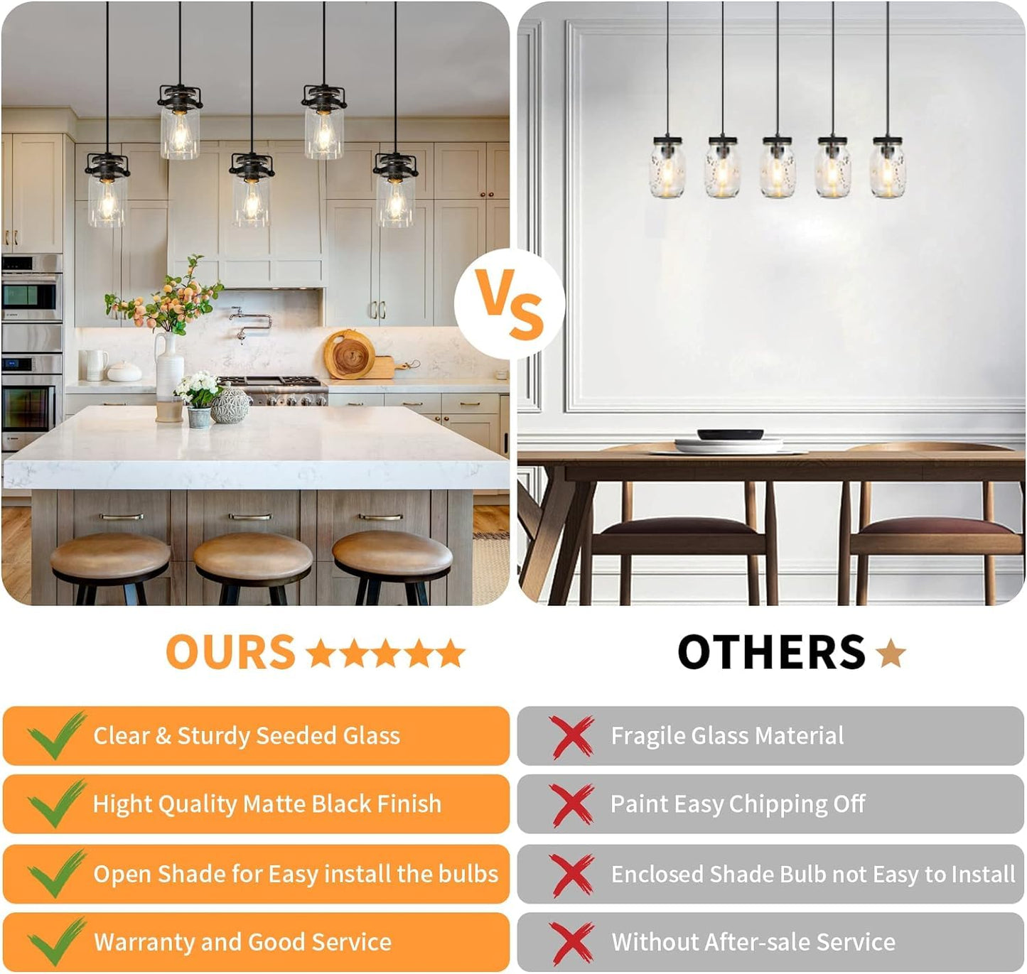 Foucasal Pendant Light Kitchen Island Lighting  5-Light Pendant Ceiling Light Fixture  67.71 Inches Hanging With Clear Glass Shade Farmhouse Chandeliers For Dining Room Bedroom Hallway - Black