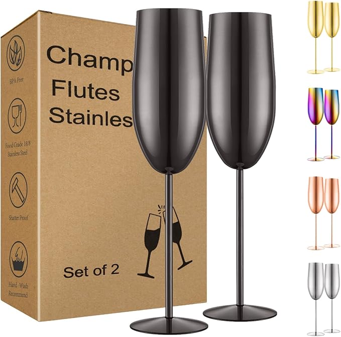 UNISWEET Champagne Glasses Set of 2 Stainless Steel Champagne Flutes Wedding Gifts for Bride 8.5 oz Unbreakable Champagne ...